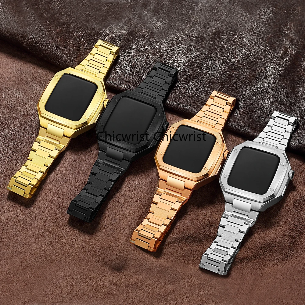 45mm For Apple Watch 7 SE 6 5 4 watchcase+watchband+ tool Stainless Steel Set Bands 44mm 42mm with Protective Cover For iwatch 7