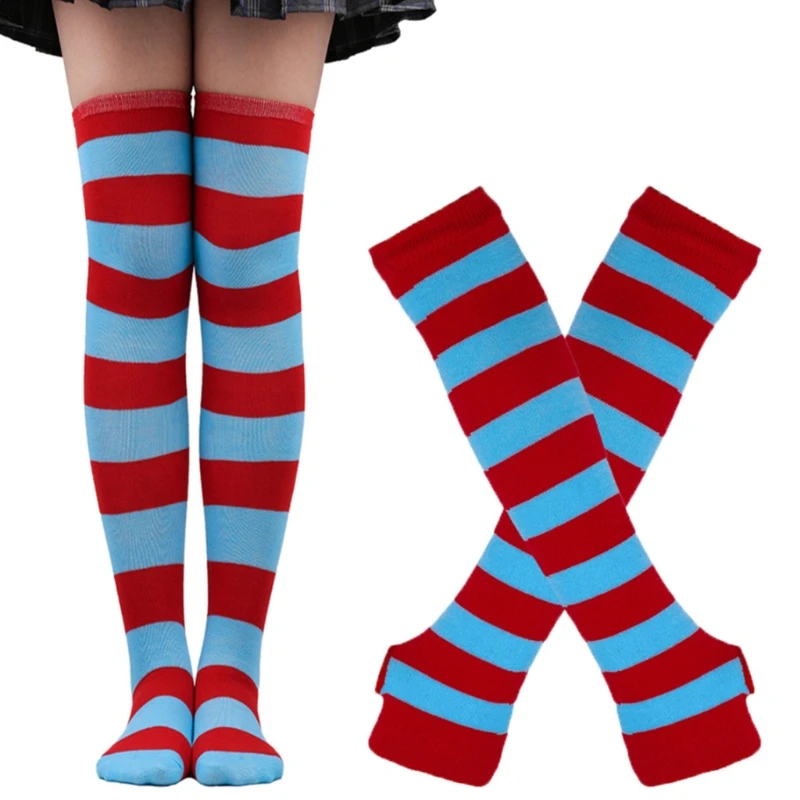 

Womens Striped Knee High Socks Stretchy Gloves Set Thumb Hole Long Fingerless Gloves High Stockings for Christmas