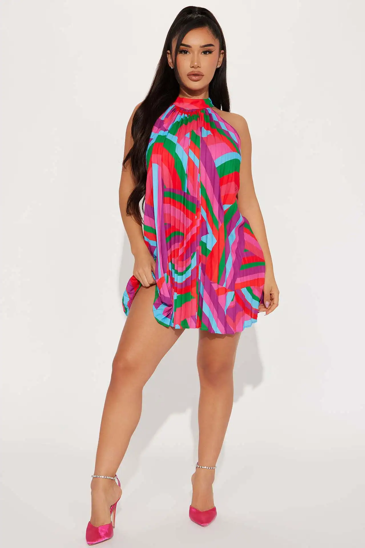 

Женское свободное Летнее мини-платье в стиле бохо, новое пикантное повседневное плиссированное платье без рукавов с открытыми плечами и абстрактным принтом, уличная одежда, 2023