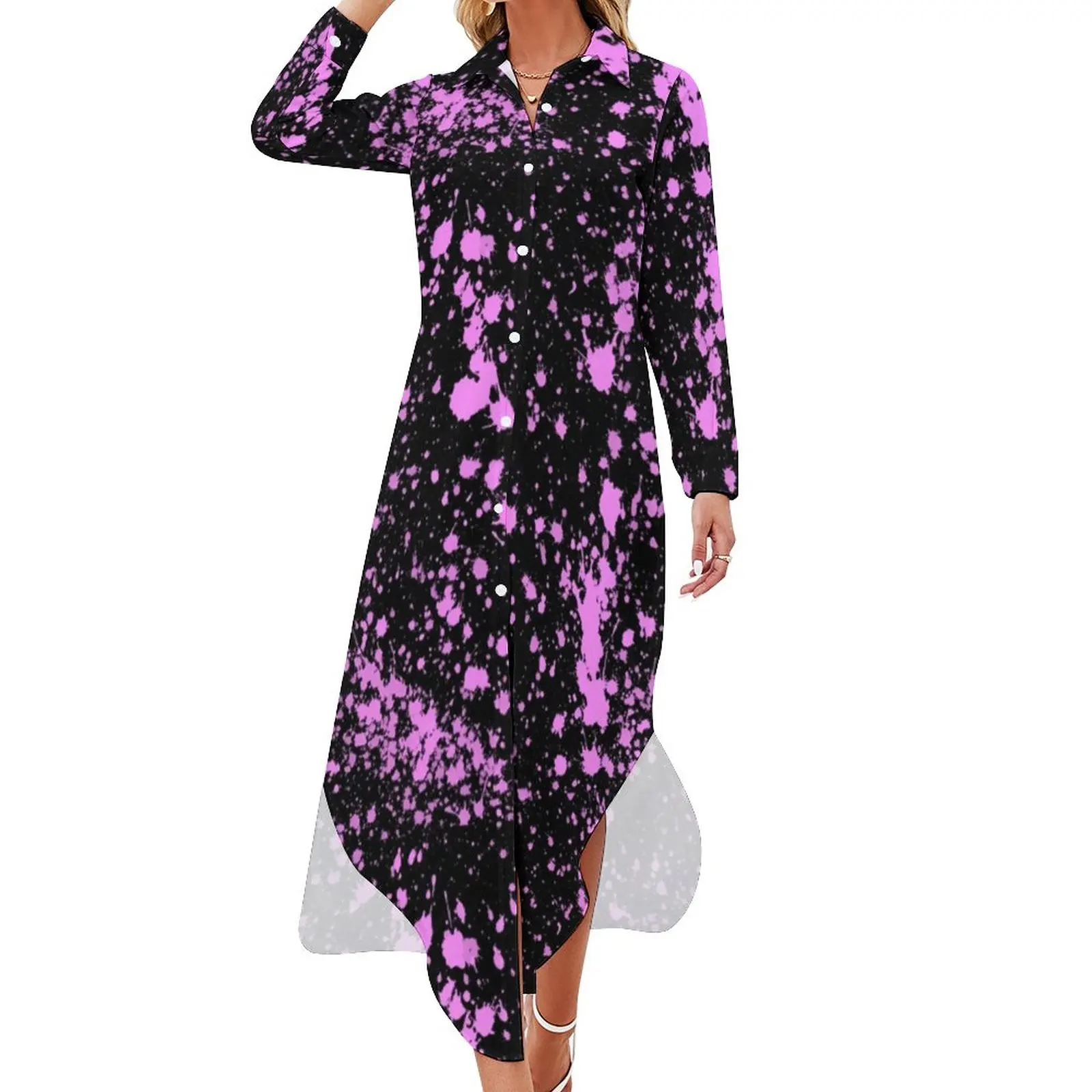 

Pink Paint Splatter Chiffon Dress Neno Print Beach Dresses Women Long Sleeve Korean Fashion V Neck Stylish Big Size Casual Dress