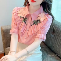summer short sleeved pink chiffon shirt for women 2022 new exquisite embroidered flowers blouses ladies sweet top