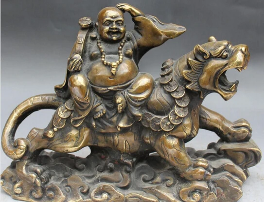 

Fast shipping Chinese Bronze Wealth Money Happy Laugh Maitreya Buddha Ride Tiger Statue