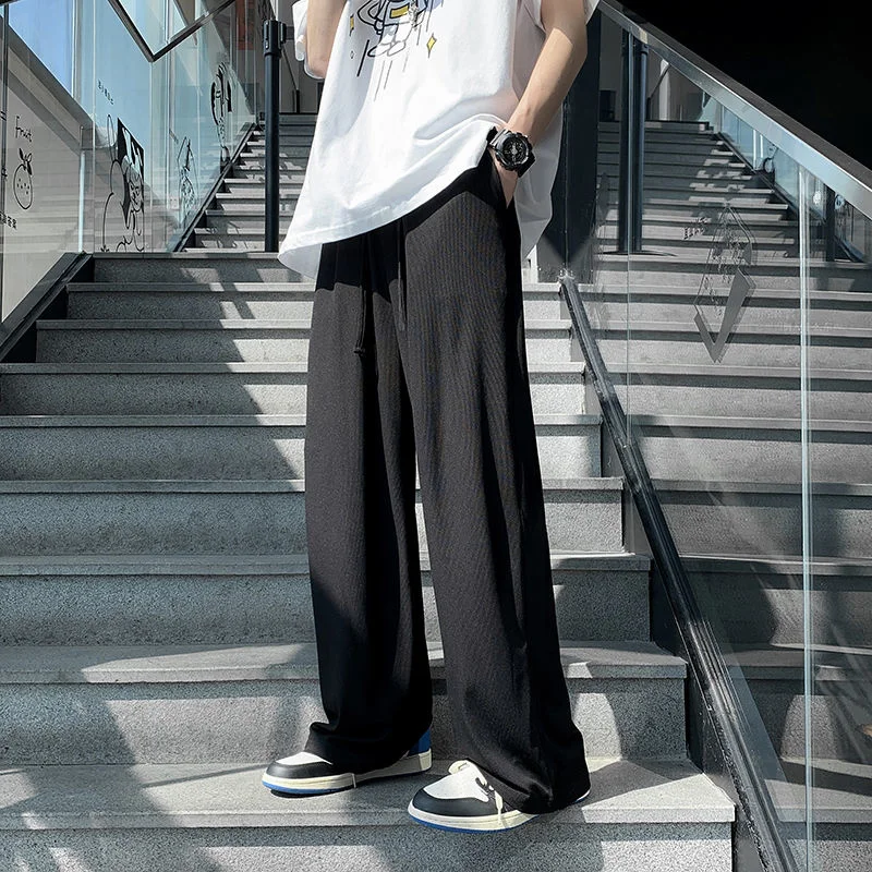 

Летние шелковые мужские брюки, мужские Модные свободные широкие брюки, Мужская Уличная одежда, прямые брюки