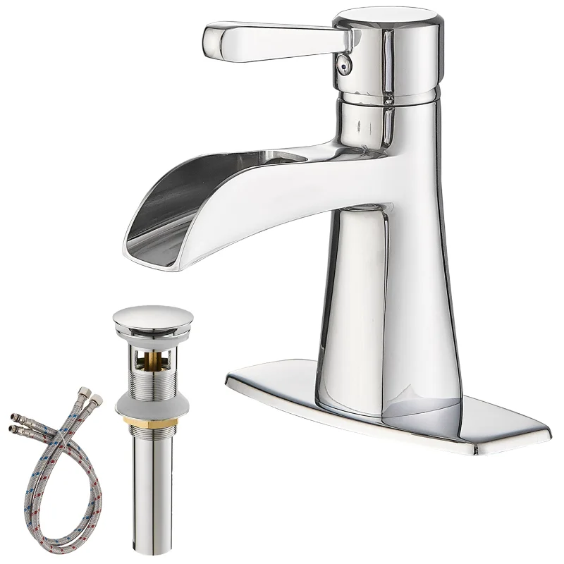 

Waterfall Single Hole Single-Handle Low-Arc Bathroom Sink Faucet with Pop-up Drain Assembly In Polished Chrome