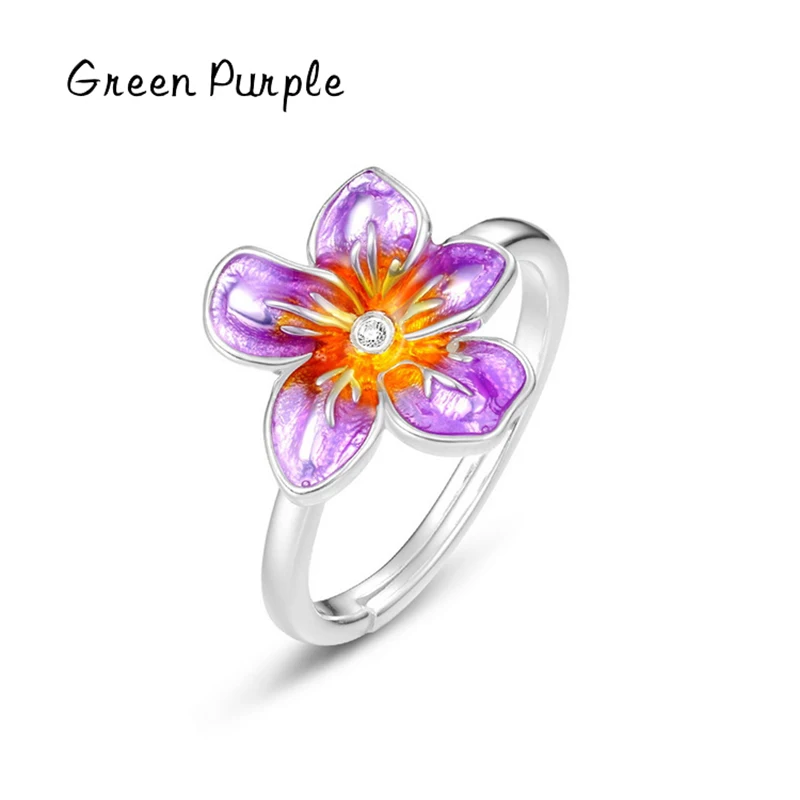 

Real s925 Sterling Silver Violets Enamel Flowers Open Ring for Women Fashion Romantic Flowers Elegant Party Jewelry Gift Set