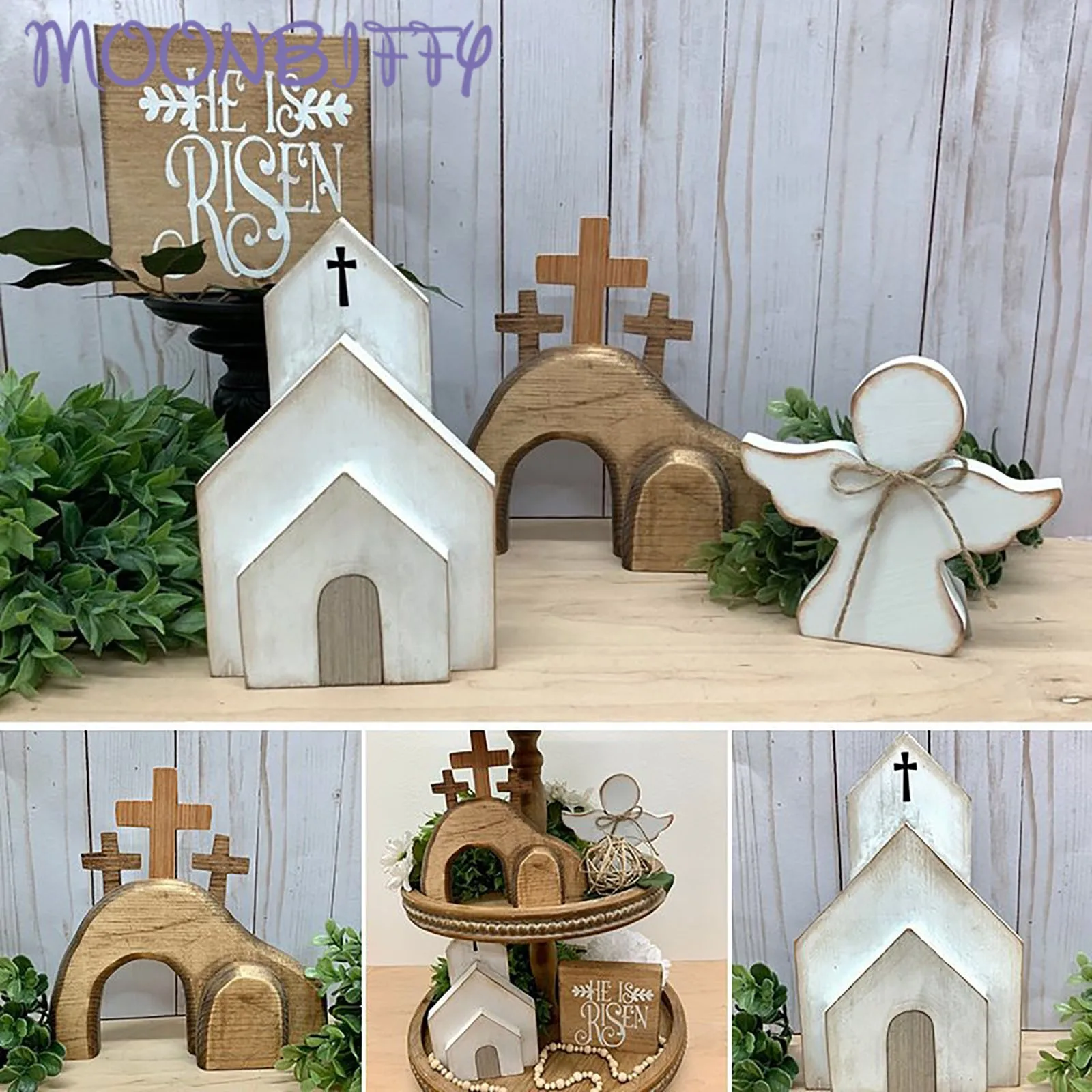 

Wooden Figurines Miniatures Jesus Tomb Bundle Layered Tray Home Table Decoration Diy Homeware Happy Easter Party Ornaments