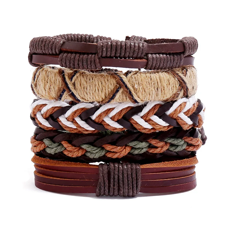 

Gothic Men Bracelets Handmade Braided Wrap Multilayer Genuine Leather Bracelet Cool 5pcs/set Combination Bangle For Men Jewelry