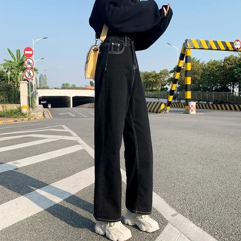 

Jeans Women Street Casual All-match Korean Style Mopping Trousers Denim Vintage Black Solid High Waist Autumn Baggy Chic Ulzzang