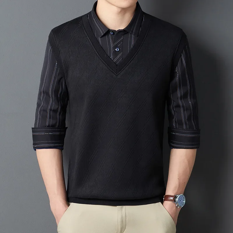 Men's Two-Piece Illusion Sweater Set Long Sleeve Pullover Shirt Collar Middle-Aged And Elderly Warm Fleece-Lined Thickened Knitt