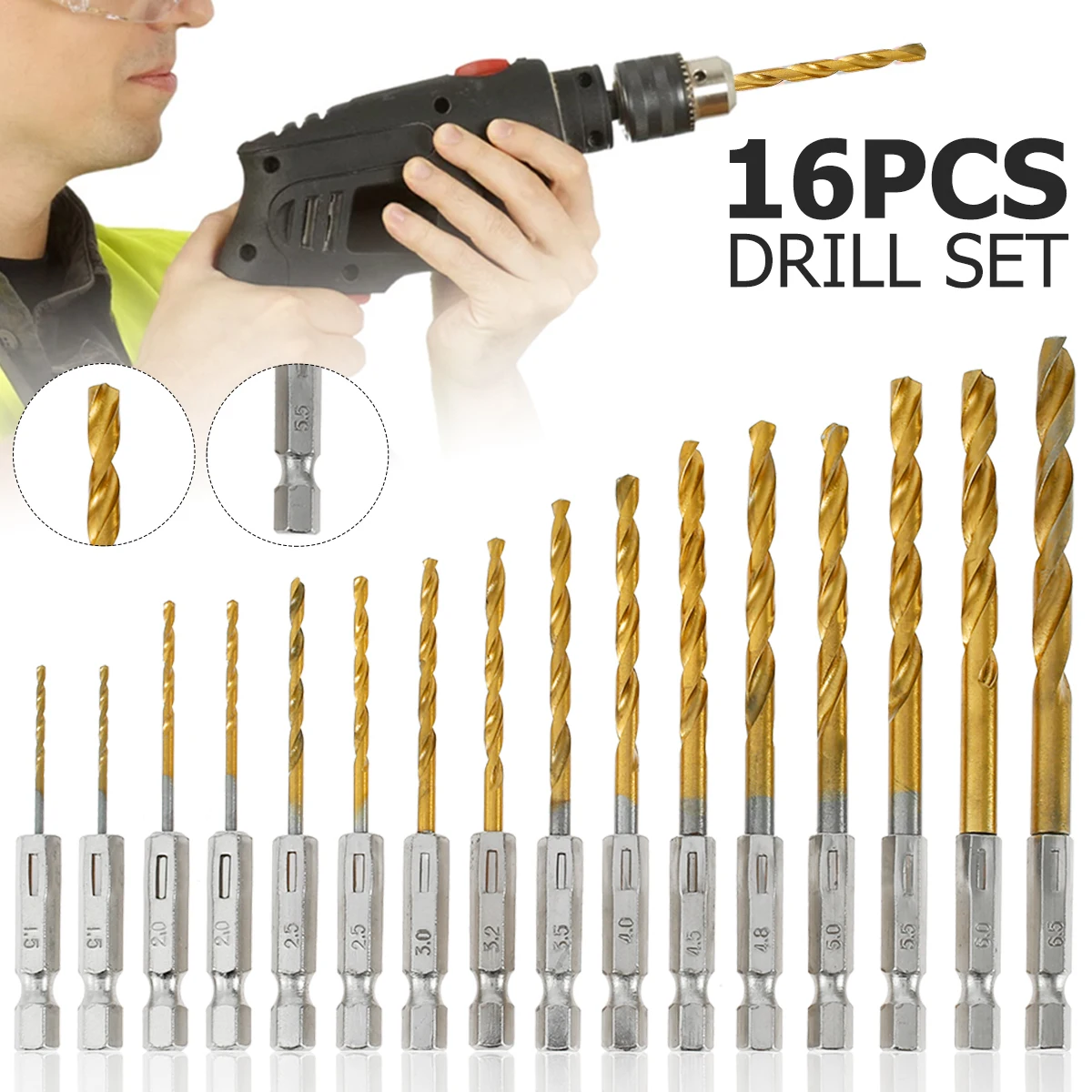 

Hot Selling 16Pcs Titanium Coated Drill Bits HSS High Speed Steel Drill Bits Set Tool High Quality Power Tools 1.5/2/2.5/6.5mm