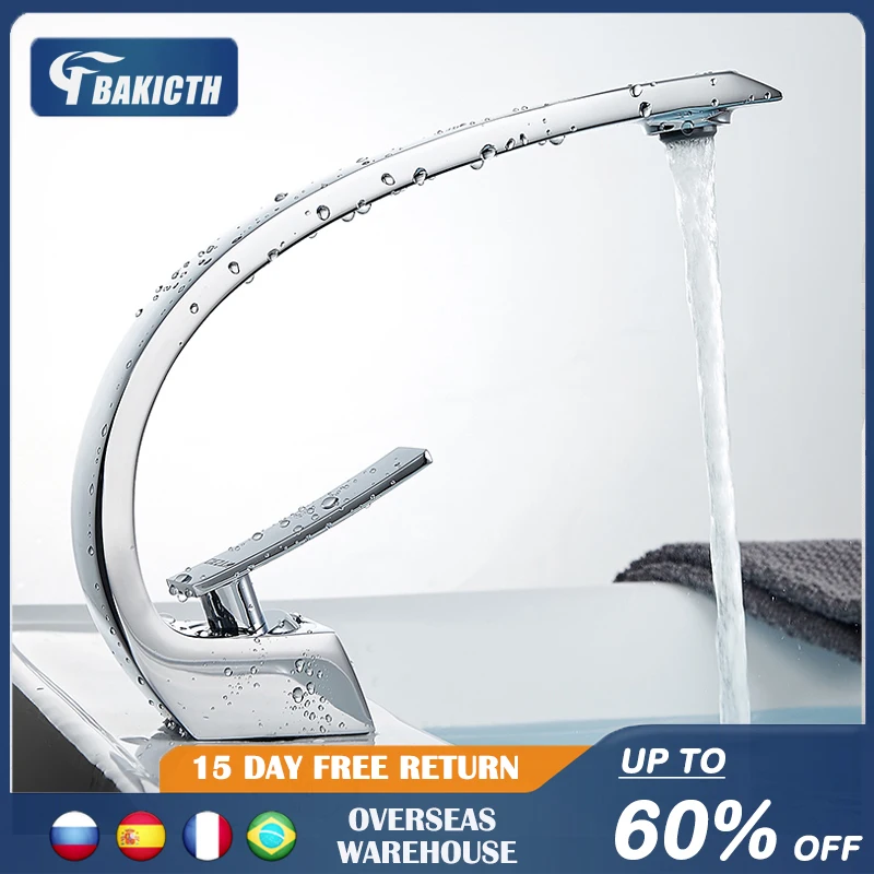 

Хромированный бронзовый изогнутый смеситель для раковины Bakicth, Многоцветный кран для раковины, хромированный смеситель с одной ручкой для ...