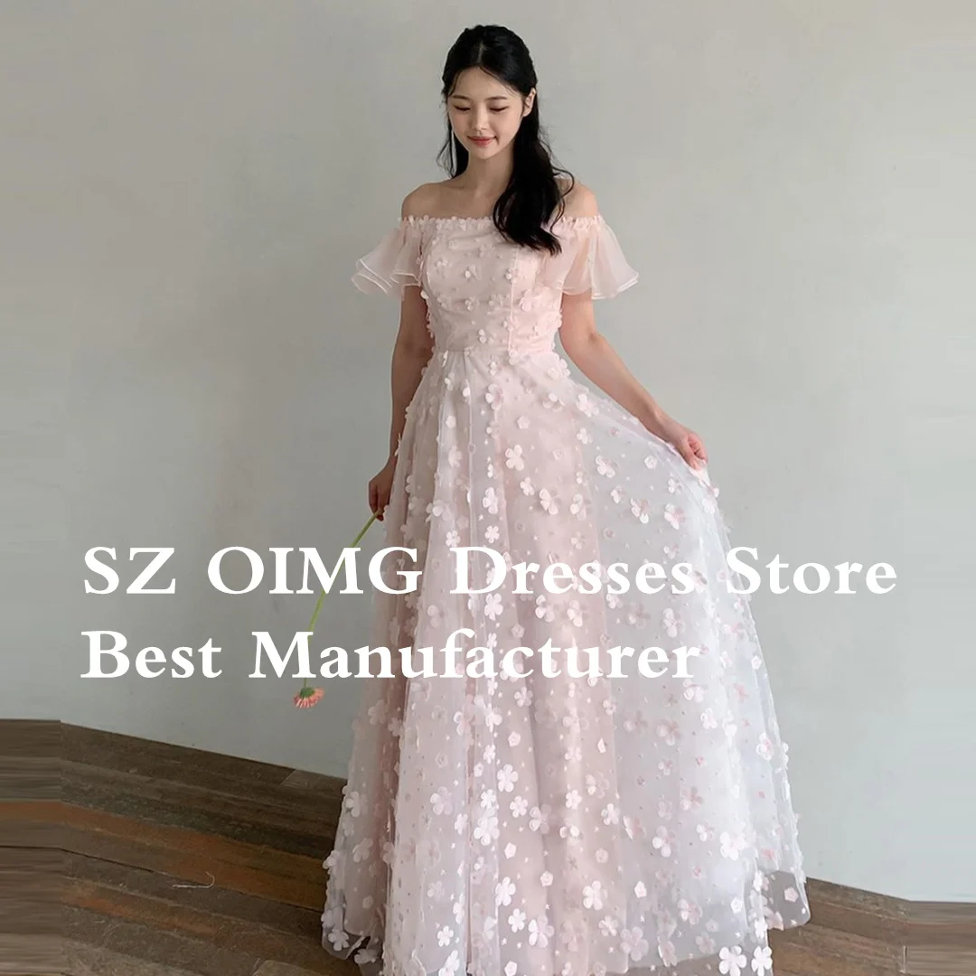 

Корейское ТРАПЕЦИЕВИДНОЕ розовое платье OIMG для выпускного вечера, Тюлевое Платье макси с рюшами и цветочным корсетом, вечерние платья с открытыми плечами, вечернее платье