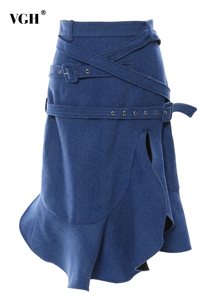 

Женская джинсовая юбка с оборками на подоле, с высокой талией