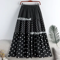 korean all match polka dot folds patchwork lace skirts 2022 summer new elegant fashion elastic high waist a line midi skirts
