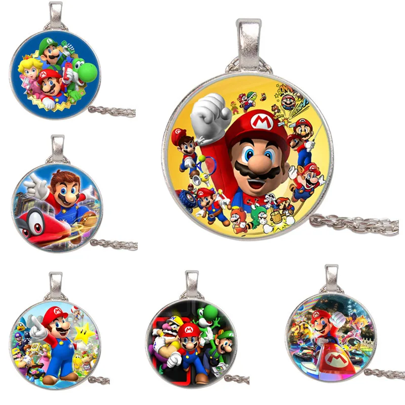 

Super Mario Bros Toys Fashion Necklace Anime Game Mario Luigi Yoshi Time Gem Glass Pendant Necklace Women Vintage Sweater Chain