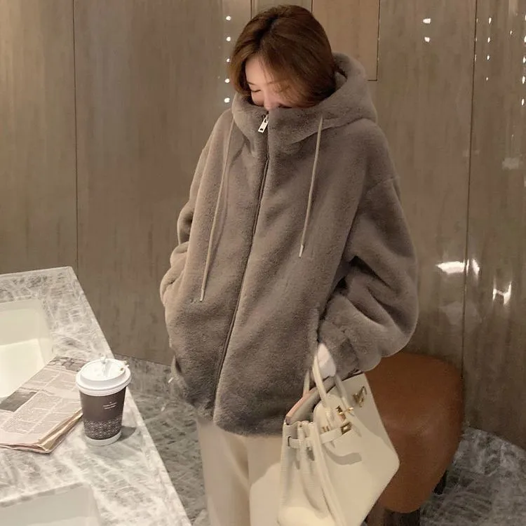 2022 New Winter Women's Lamb Wool Thick Coat Fashion Women's Loose Thick Coat Solid Color Winter Temperament Women's Fur Coat