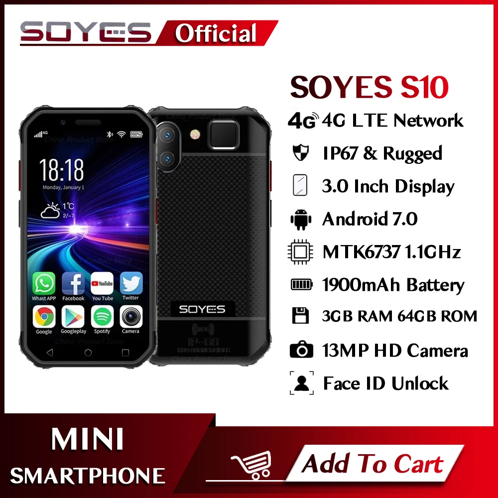 SOYES S10 3GB RAM 64GB ROM Mini Smartphone 3.0 Inch 1900mAh 4G LTE Android 6.0 MTK6737 GPS Fingerprint Face ID Rugged Phone