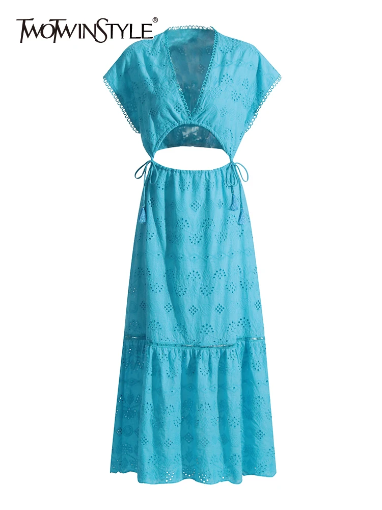 

TWOTWINSTYLE Hollow Out Embroidery Dresses For Women V Neck Short Sleeve High Waist A Line Summer Dress Female Fashion Style New