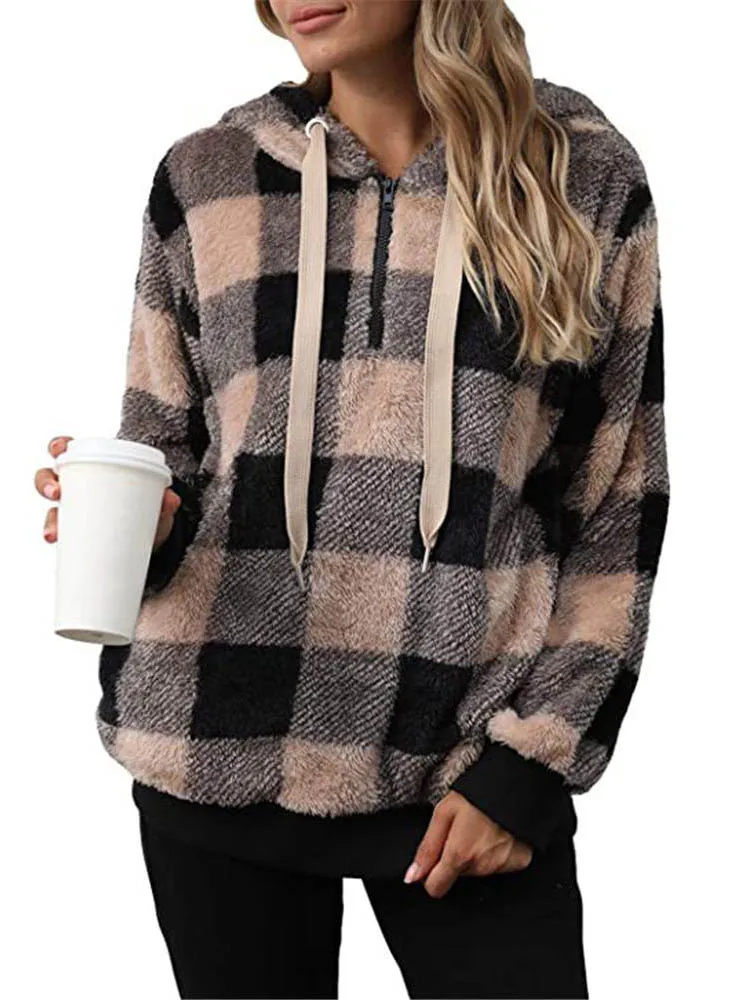 Women Sherpa Fleece Plaid Sweater Hooded Zip Pullover Winter Fluffy Warm Tops Checkerboard Streetwear 3XL Fuzzy Pull Sweaters