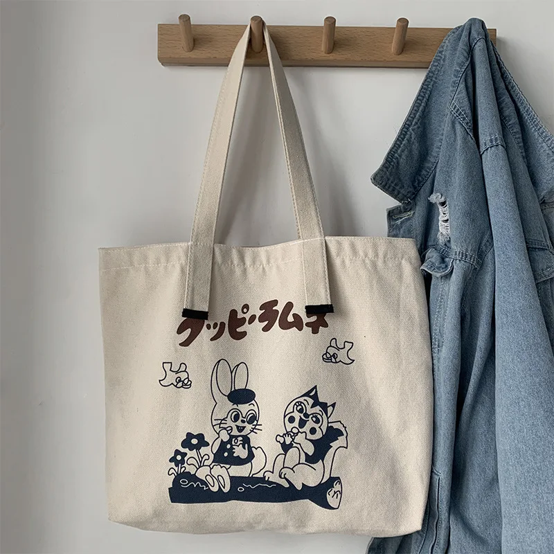 

Women Canvas Shoulder Bag Female Cotton Cloth Handbag Cute Rabbit Print Large Shopping Bag Ladies Shopper Tote Book Bag For Girl