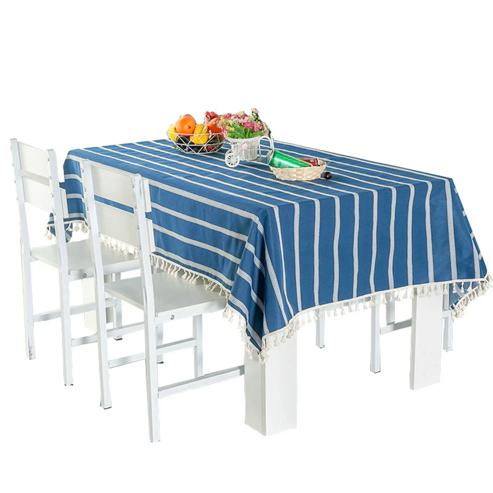 

Cotton Linen Tablecloths, Waterproof Table Covers Stripe Blue Dining Table Coffee Table Deco