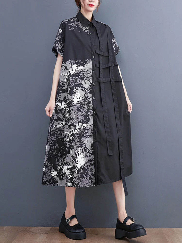 

2022 Summer New Black Vintage Print Shirt Dresses For Women Short Sleeve Loose Casual Long Dress Robe Fashion Elegant Clothing