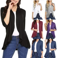 womens thin cardigan summer new solid color slim top ruffle hem seven quarter sleeve simple coat fashion office ladies clothing