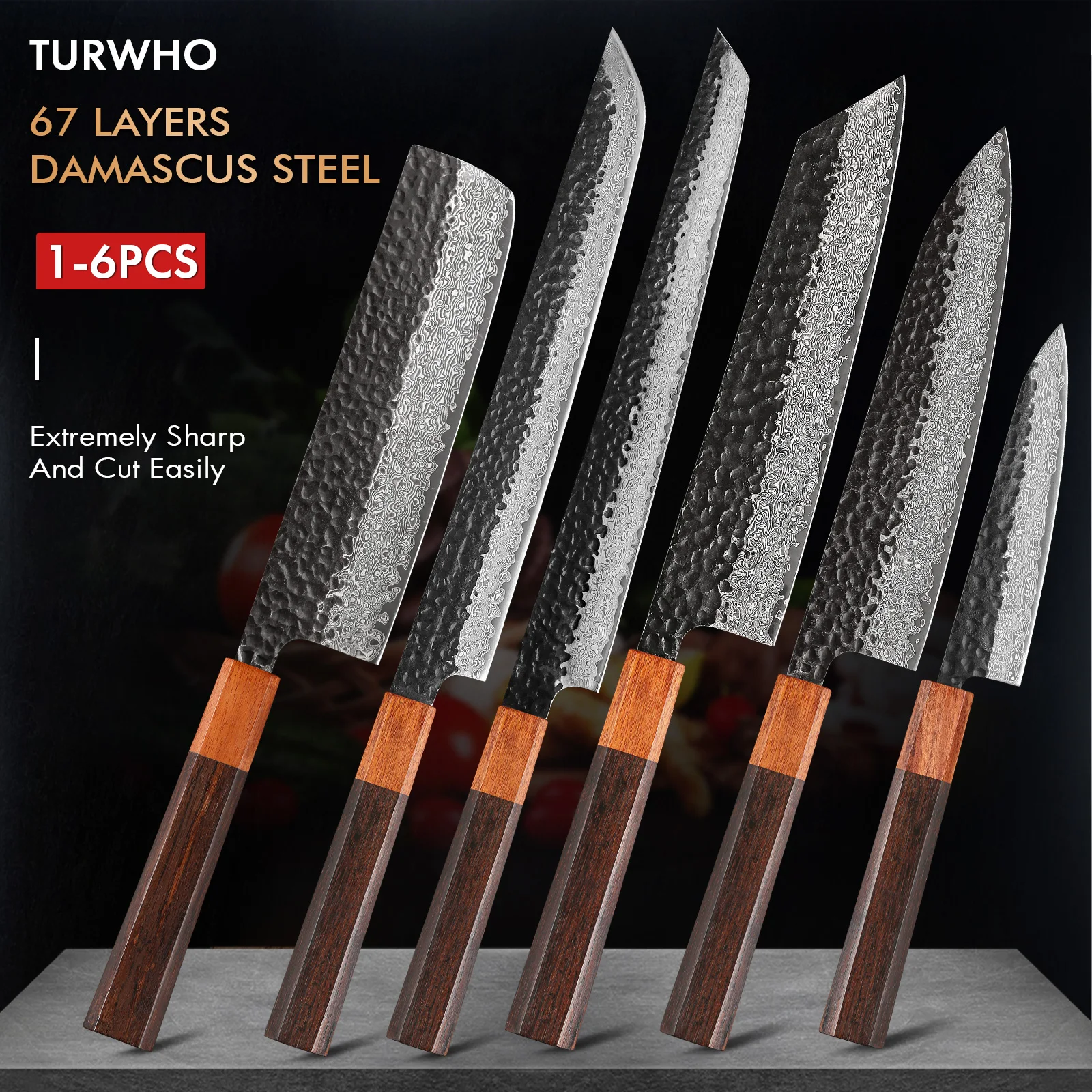 

TURWHO 1-6PCS Hand Forged Kitchen Knives Set 67 Layers Damascus Steel Japanese Kiritsuke Nakiri Chef Knife Utility Accessories