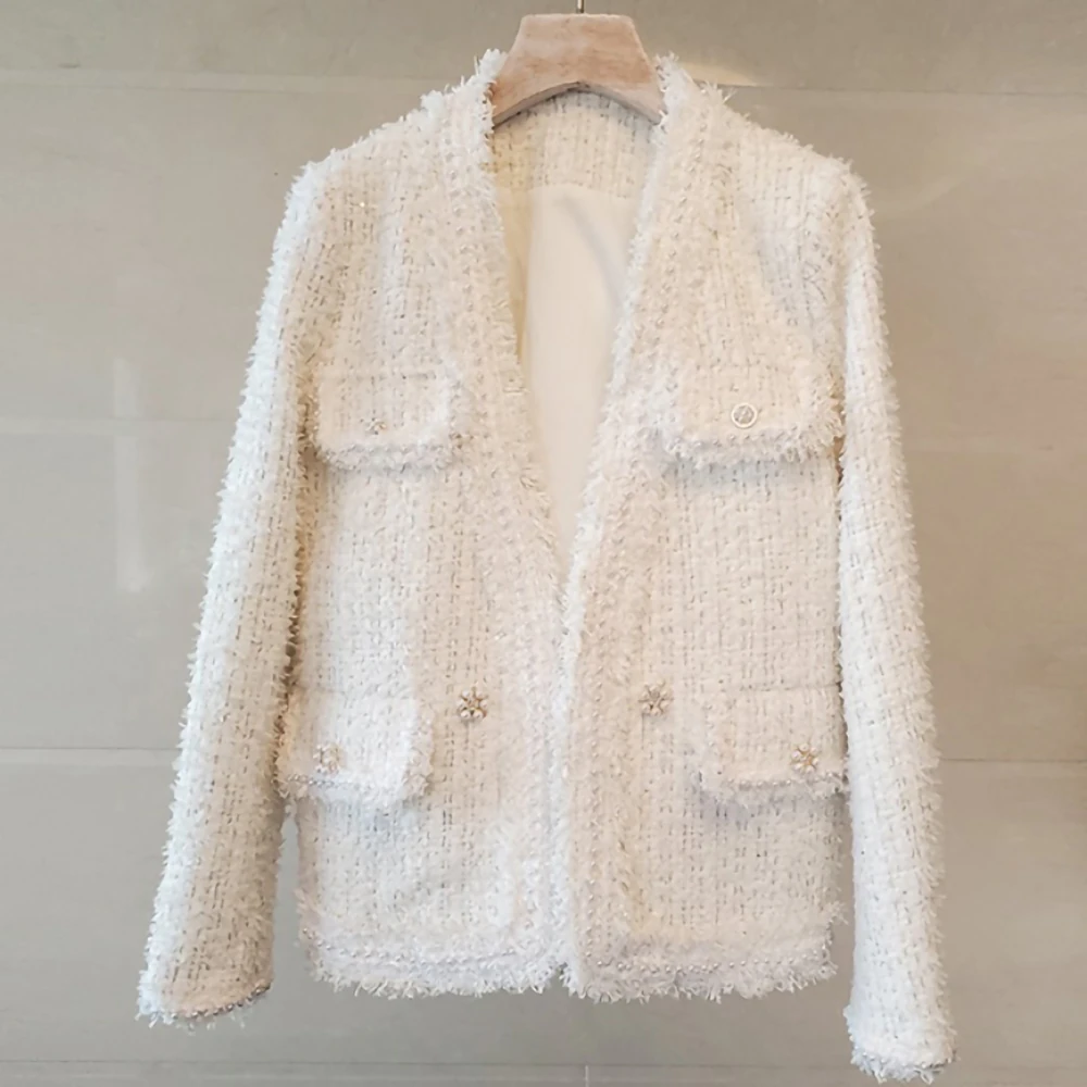 Tailor Store customize plus size white French V-neck jacket fashion women's fringed tweed  beaded blouse women