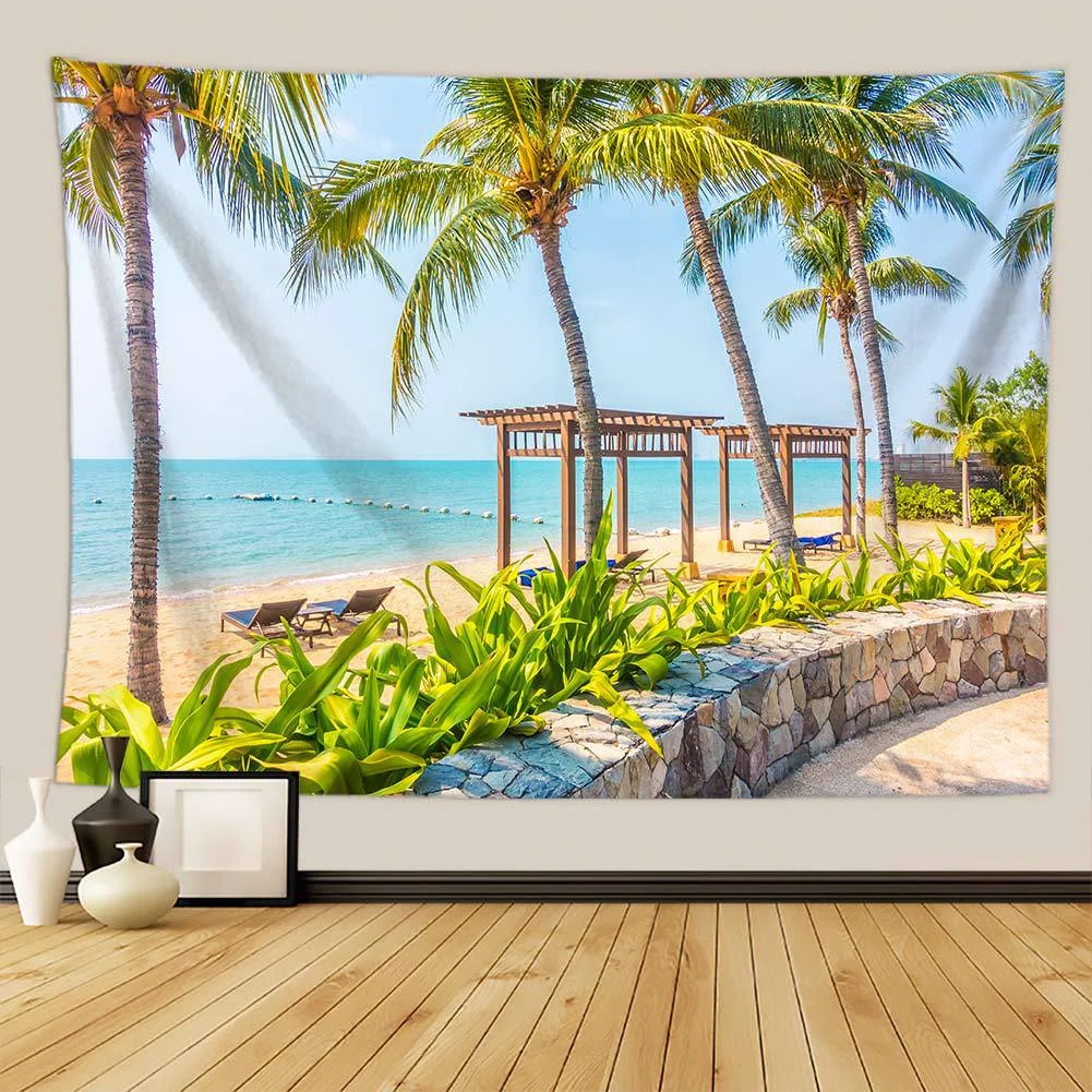 Настенный гобелен с изображением солнечного зеленого пальмы на пляже недорогой
