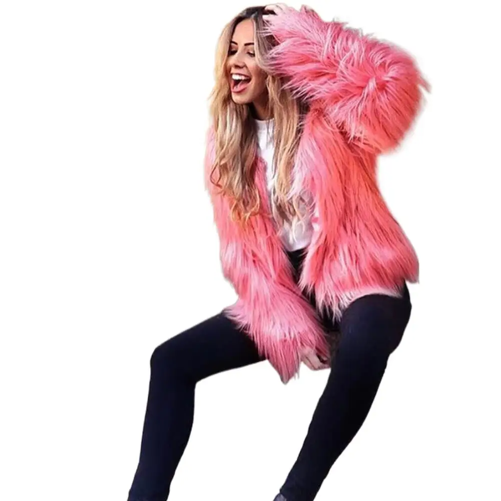 

Fashion Furry Faux Fur Coat Women Fluffy Warm Long Sleeve Female Outerwear Autumn Winter Coat Jacket Hairy Collarless Overcoat