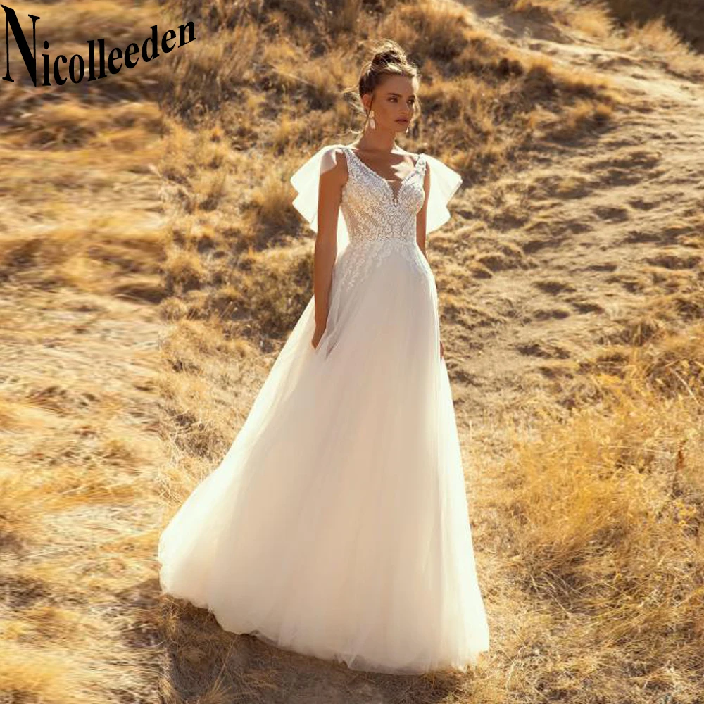 

Nicolle Charming Wedding Dress Women 2023 SCOOP Lace Appliques Tulle Flare-Sleeves Gown Robe De Soirée De Mariage Customise