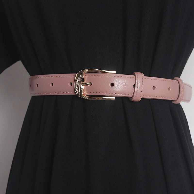 Women's new inlaid diamond solid color metal pin buckle belt for women simple female belt versatile cowhide design