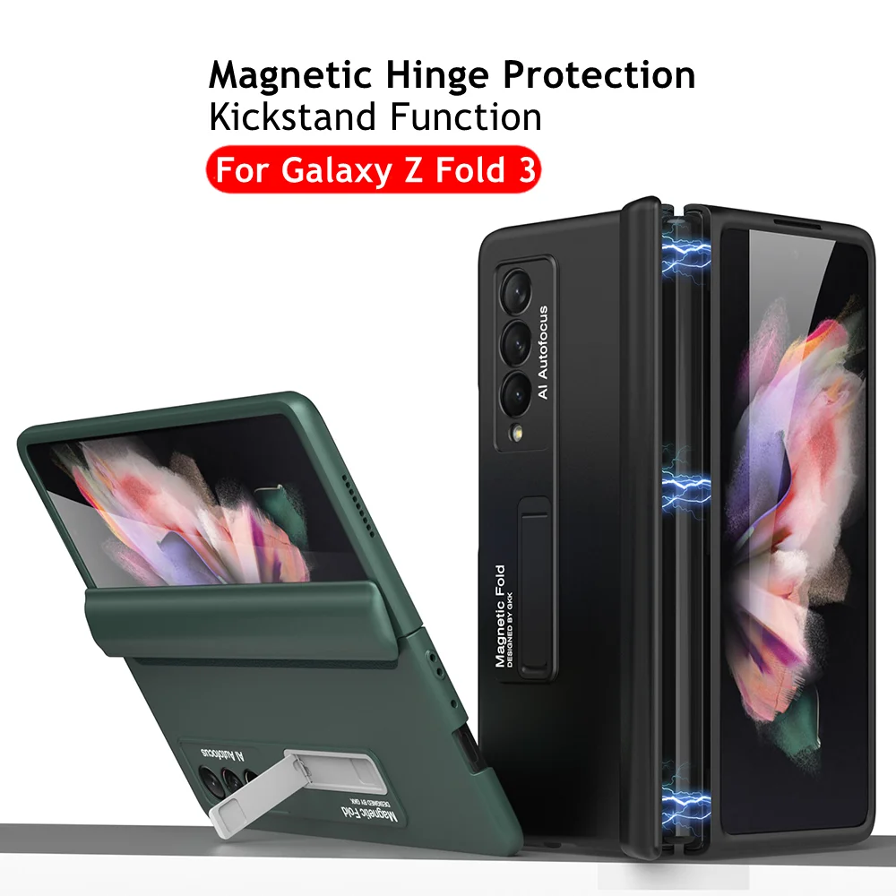 

Magnetic Adsorption Hinge Full Protection Case for Samsung Galaxy Z Fold 3 Phone Cover Matte Hard Plastic Kickstand Case