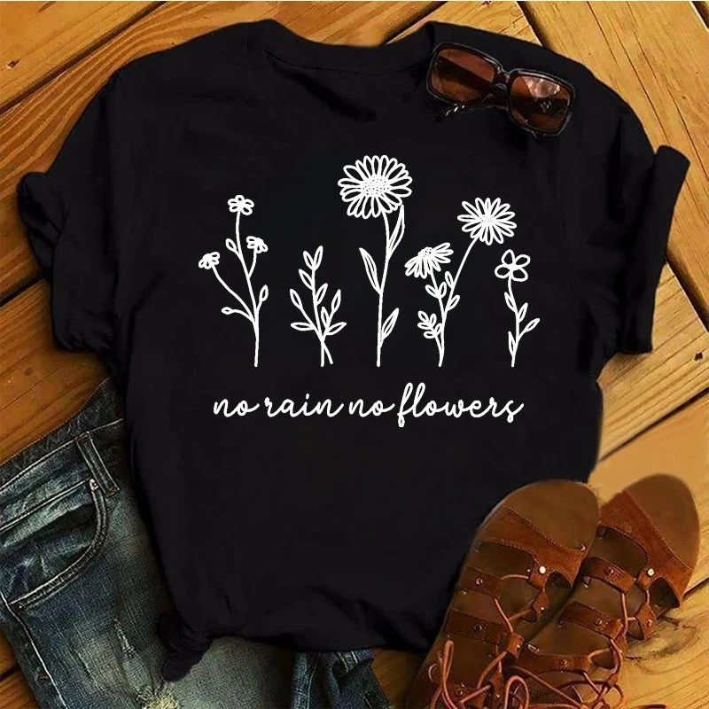 

Women Tshirt Flower Plant Printed T Shirt Women Fashion T-shirt Casual Black Top Female O-neck Graphic Harajuku Women Tee Shirts
