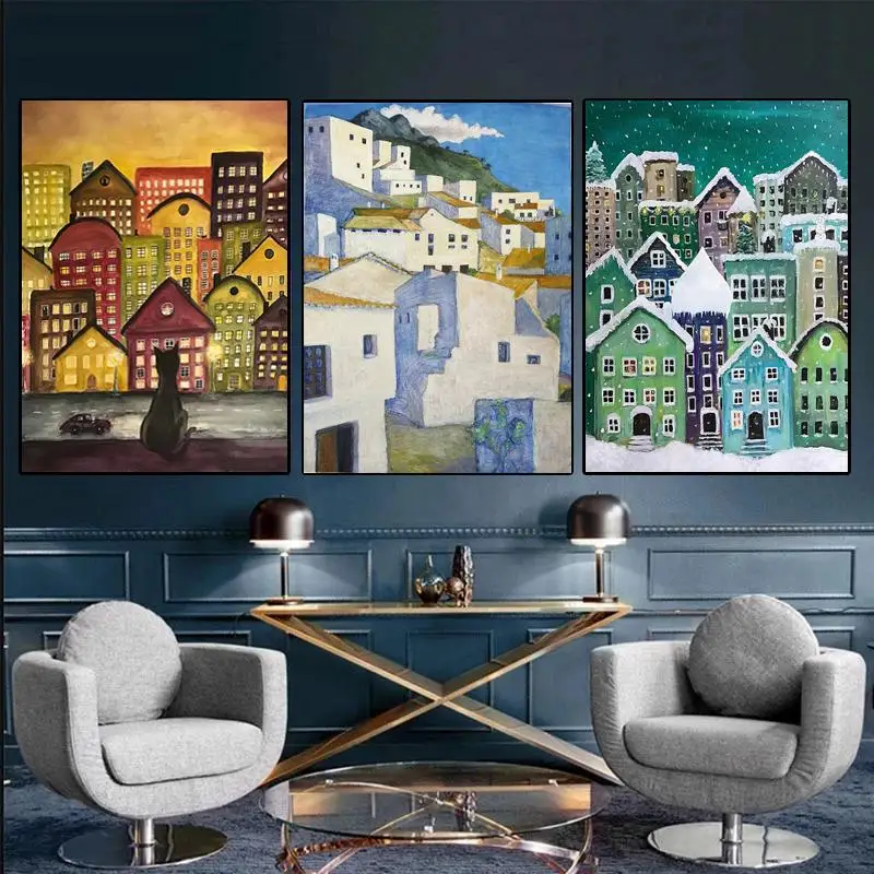 

Colorful Houses Buildings Black Cat Cartoon Canvas Painting Wall Art Modern Poster and Print Home Decor Living Room Decor Mural