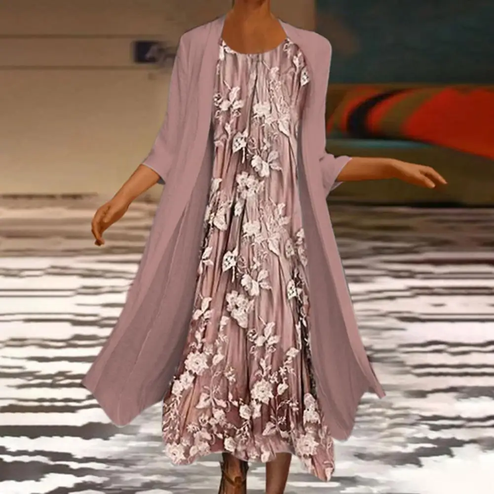 

Женское офисное платье-кардиган с широким подолом, свободное платье-трапеция с цветочным принтом, рукавом 3/4 и круглым вырезом, уличная одеж...