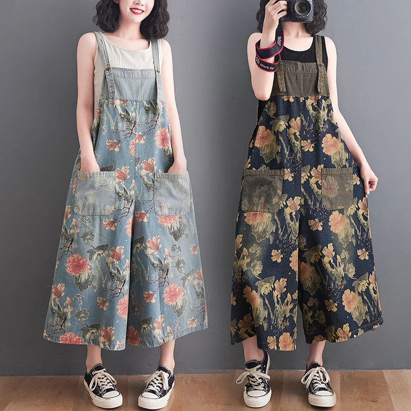 

Summer Ladies Jumpsuits Ankle-length Loose Wide Leg Jumpsuits Women Floral Print Denim Rompers Vintage Denim Overalls