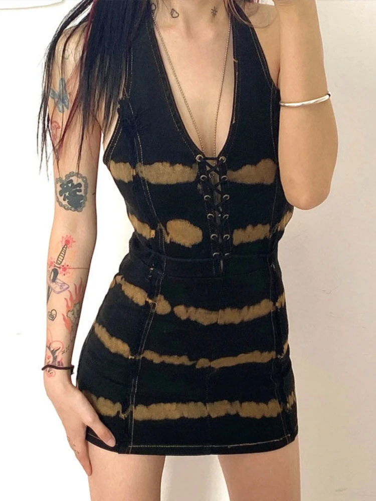 Сексуальное винтажное платье HOUZHOU с лямкой на шее Женский бандажный женский