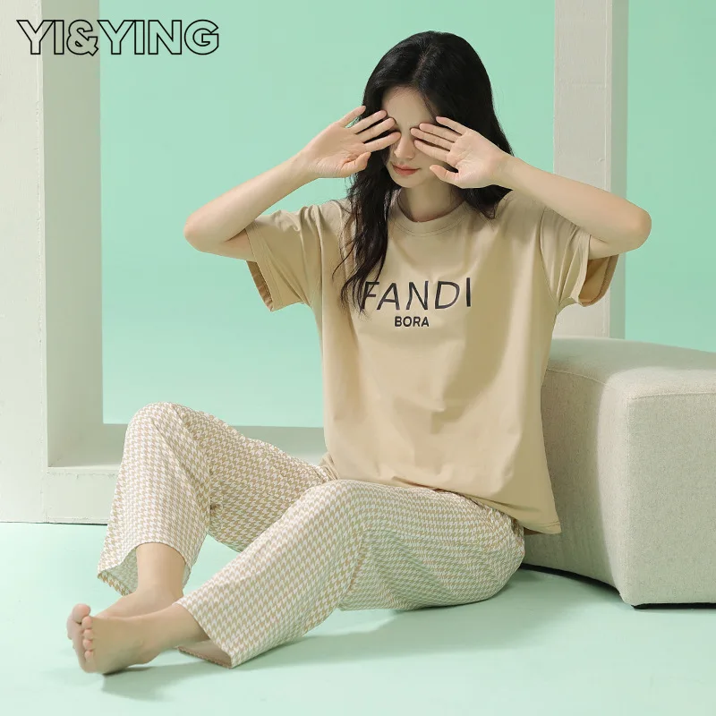 

[YI&YING] New Spring/Summer Pajamas Women's Short Sleeve Long Pants Thin Pure Cotton Brand Home Furnishing Set WAZC059