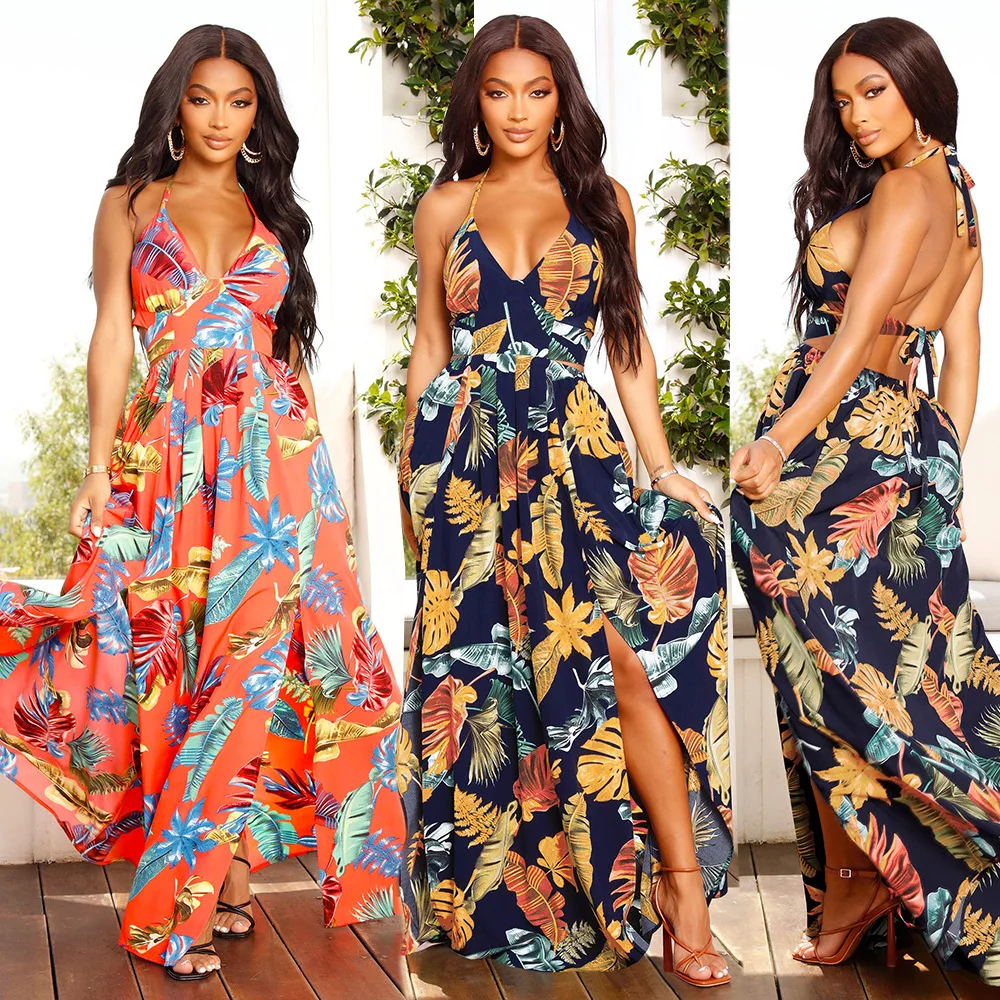 

Sexy Slit Backless Dress 2022 Summer New Ladies Long Print Halter Dress