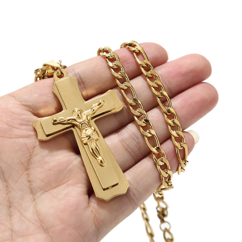 

316L Stainless Steel Charm Crucifix Jesus 41*64mm Cross Pendants Necklaces 3:1 Figaro Chain 24'' For Men Gifts Jewelry Findings