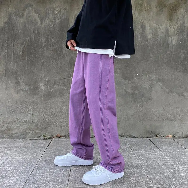 

Purple Denim Jeans for Men Straight Loose Spring Fall Oversize Wide-Leg Pants High Street Bright Line Vintage Men Jeans Trousers