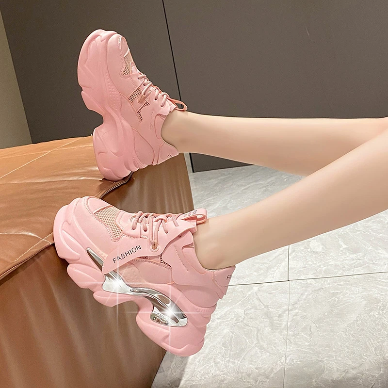 New Fashion Women Summer Leather Sneakers 8CM Heels White Mesh Casual Shoes Woman Trainers Lace-Up Breathable Platform Sneakers