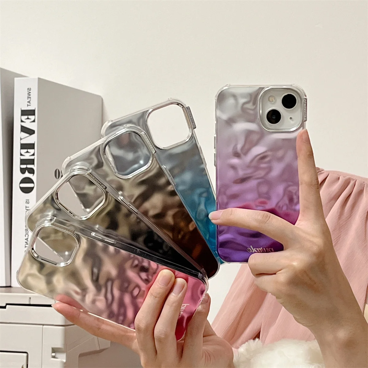 

Luxury Plated Gradient Silver Water Ripple Acrylic Phone Case for iPhone 15 13 14 Pro Max 12 11 Shockproof Back Cover Women Men
