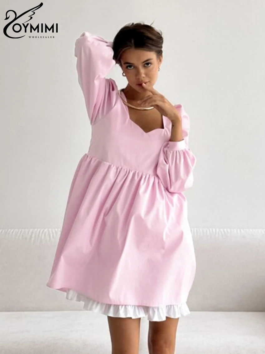 

Oymimi Fashion Loose Pink Cotton Women Dress 2024 Elegant Square Collar Long Sleeve Mini Dresses Casual Patcwhork Female Dress
