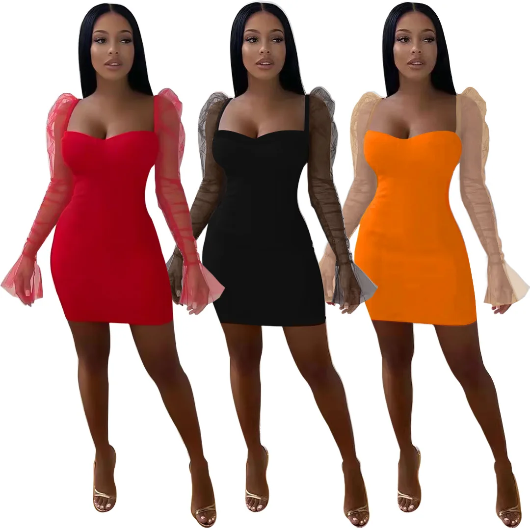 

2022 Spring New Sexy Mesh Patchwo Mini Dress Square Collar Elegant Flare Mesh Sleeve Bodycon Dress Party Club Outfit