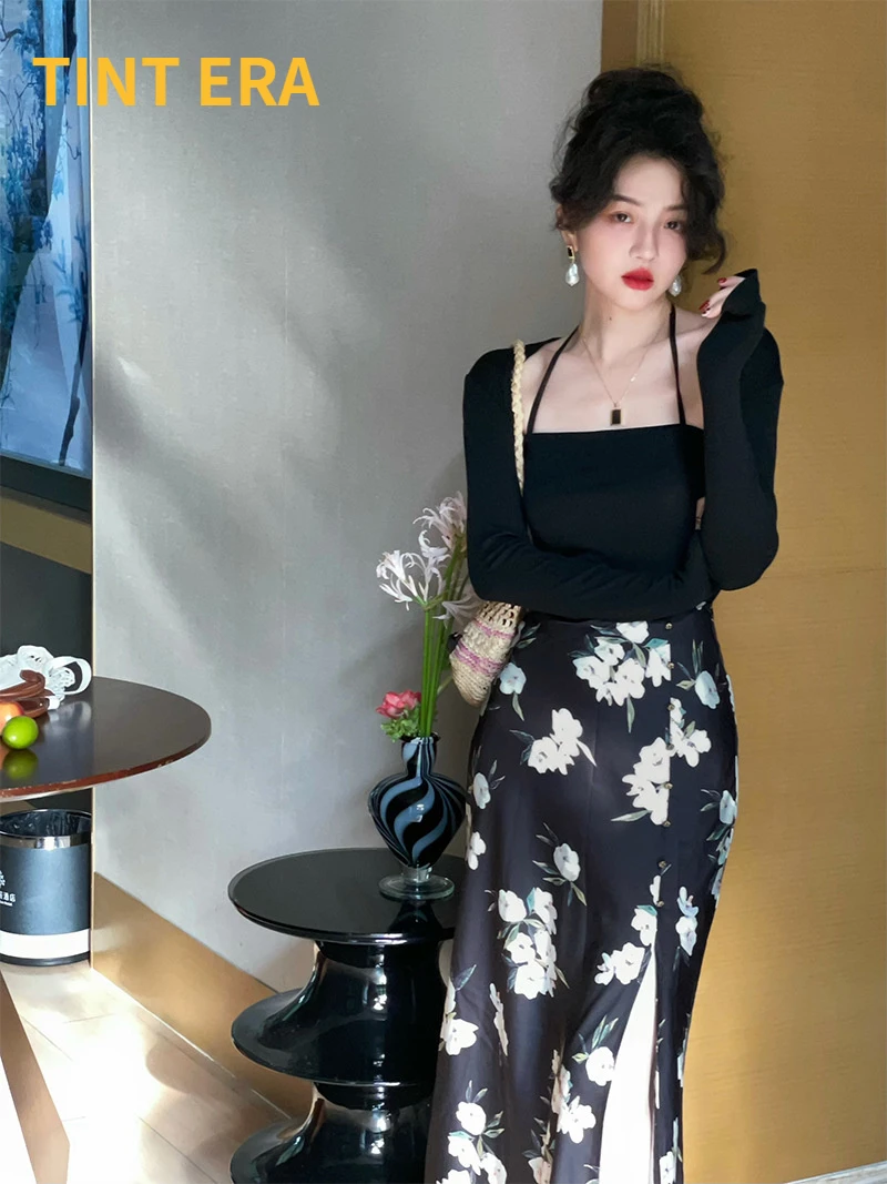 

TINT ERA Autumn Winter Satin Floral High Waist A-line Mid Length Skirt Trend Hong Kong Style Design Skirts Femme