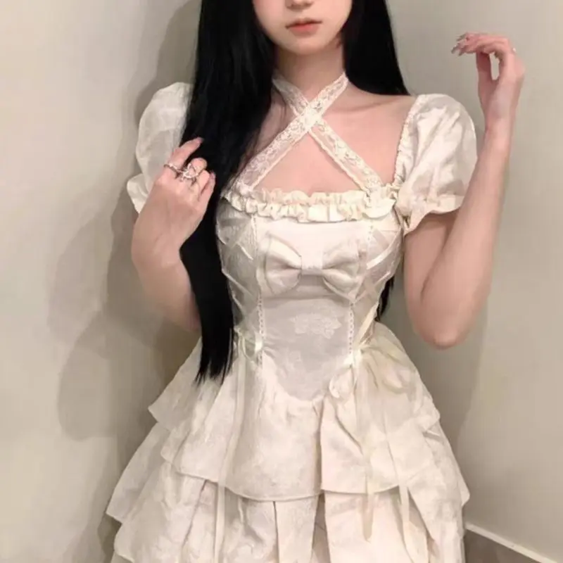 

Summer New Pure Lust Bow Puff Sleeves Tie Small Dress Fairy Skirt Girl