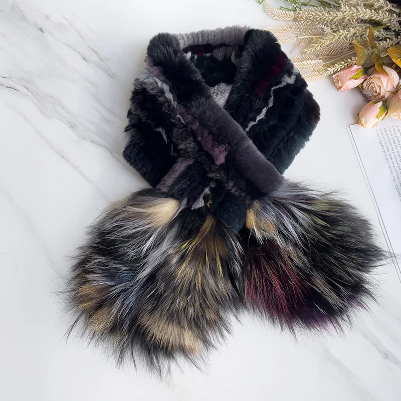 

Pudi Women Real Rabbit Fox Fur Scarf Winter Girl Female Brand New Scarves Ring SF236